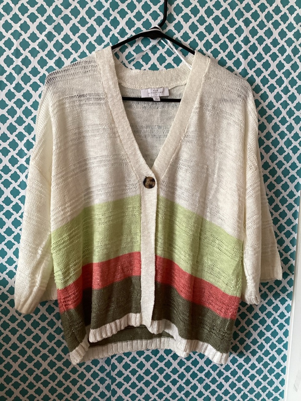 New Directions  Lightweight Cream Stripe Knit Cardigan Size Large